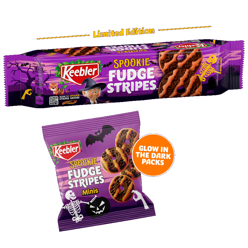 Limited Edition Keebler Spookie Fudge Stripes package and Spookie Fudge Stripes Minis bag with glow-in-the-dark packaging